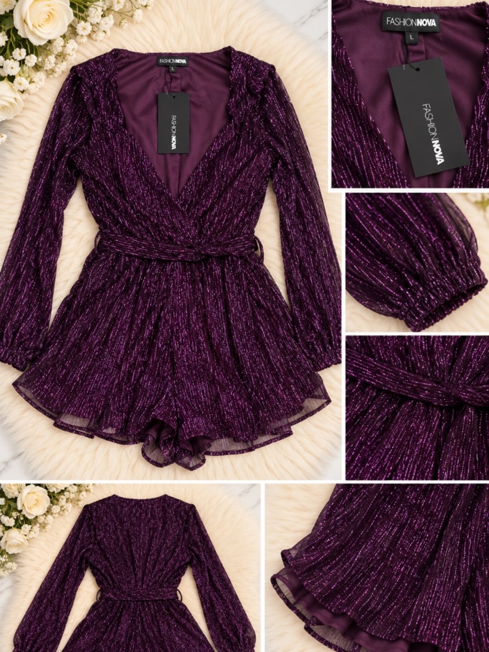 Fashion Nova, size Large, purple metallic/shimmer romper, new with tags.